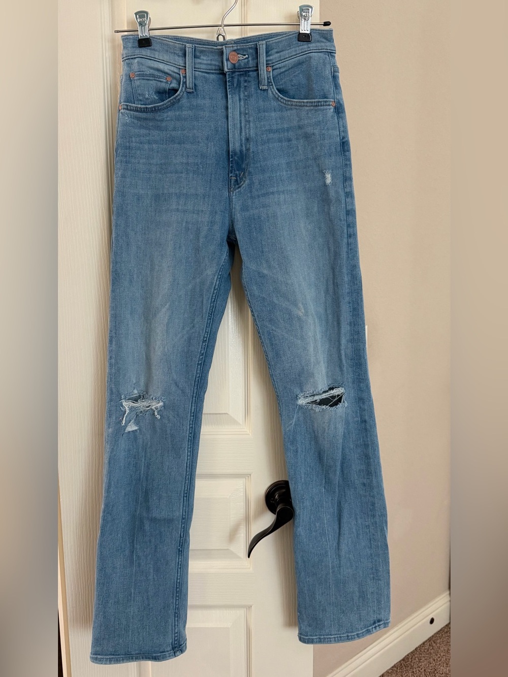 MOTHER Light Blue Distressed Straight-Leg Jeans